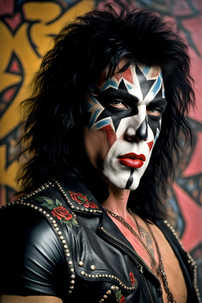 text 'KISS' - head and shoulders portrait, KISS - muscular 20-year-old Paul Stanley, Black star on right eye, Chest and stomach hair, rose tattoo on right shoulder, black spandex and leather, 8-inch high platform boots, - a multicolored cement wall in the background,