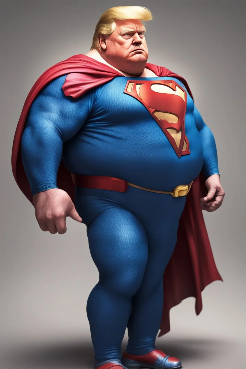 morbidly obese superman with donald trump's head and his fat hanging out of his shirt