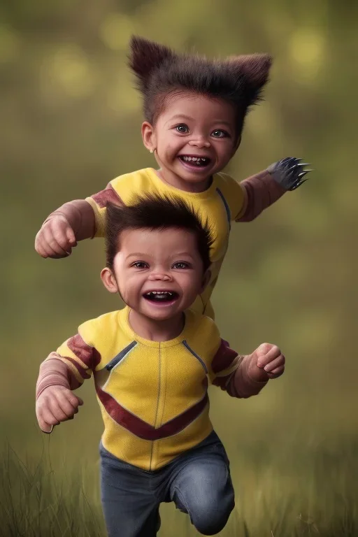 Wolverine toddler, full body, smile, bokeh, hyper realistic