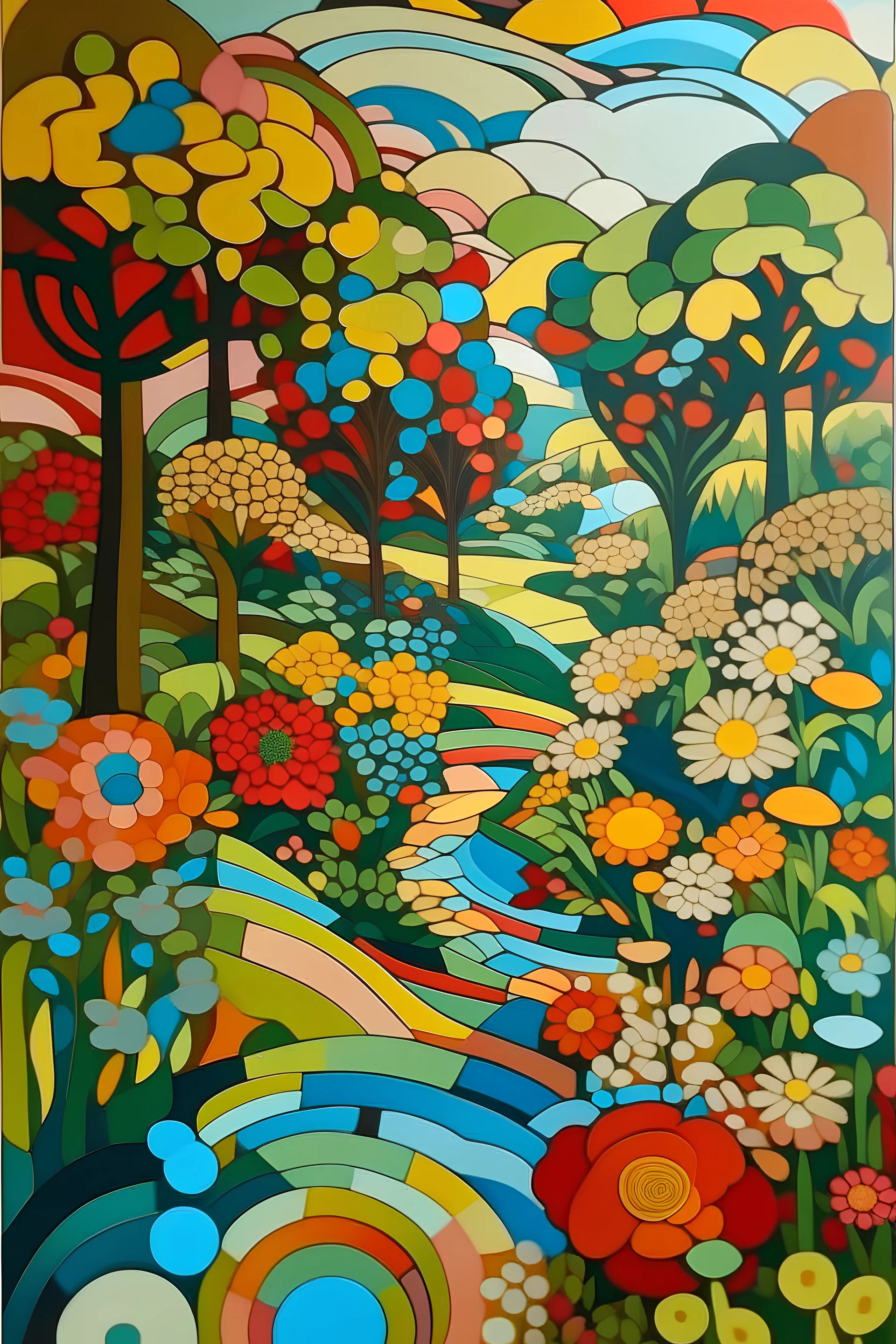 Drawing a landscape surrounded by flowers in the style of the Cubist school