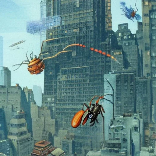 A robotic insect monster attacking New York by Chris foss