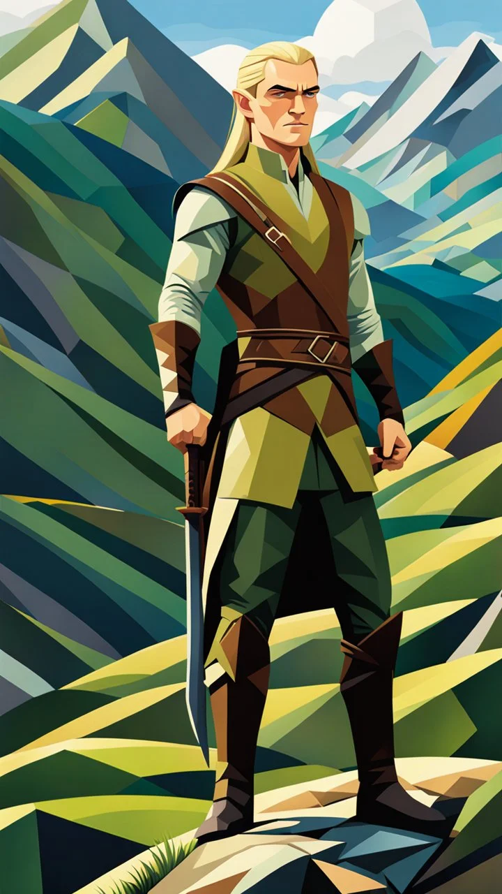 Legolas en las colinas, arte cubista, full body, calidad ultra, hiperdetallado, increíble obra de arte, 64K