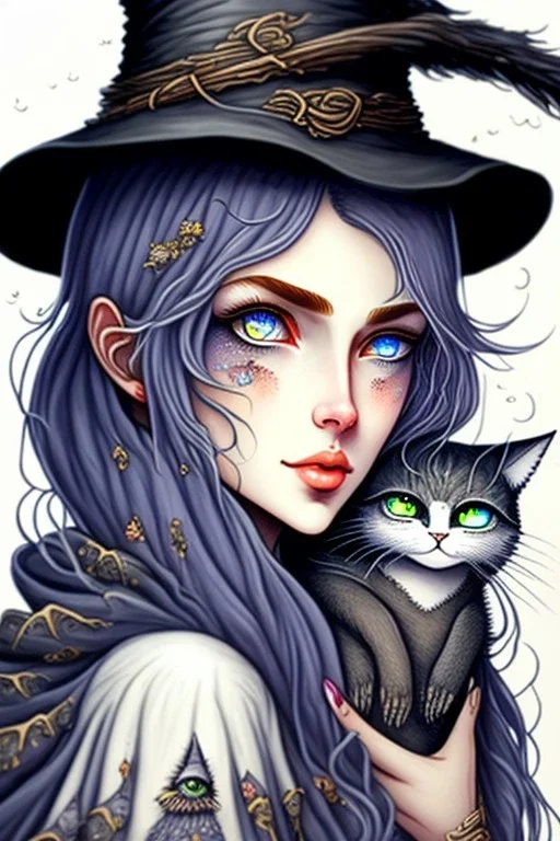 Cute friendly witch, playing with cute cats, perfect eyes, perfect iris, ink and pencil, style Elisabeth Kreitz