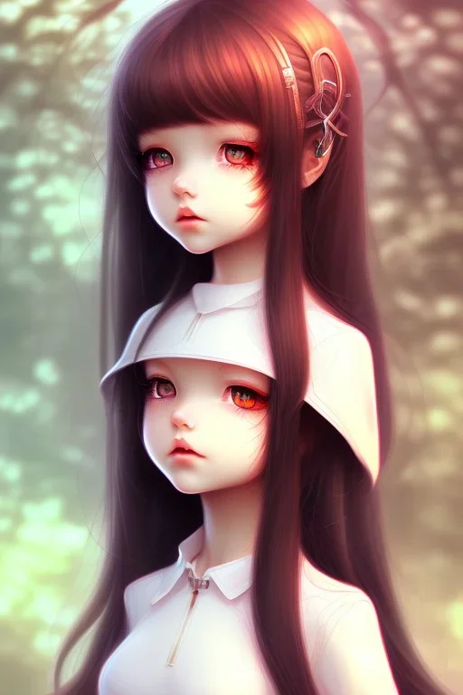 Loli, wholesome, innocent, long black hair, tilted head, brown eyes, close up