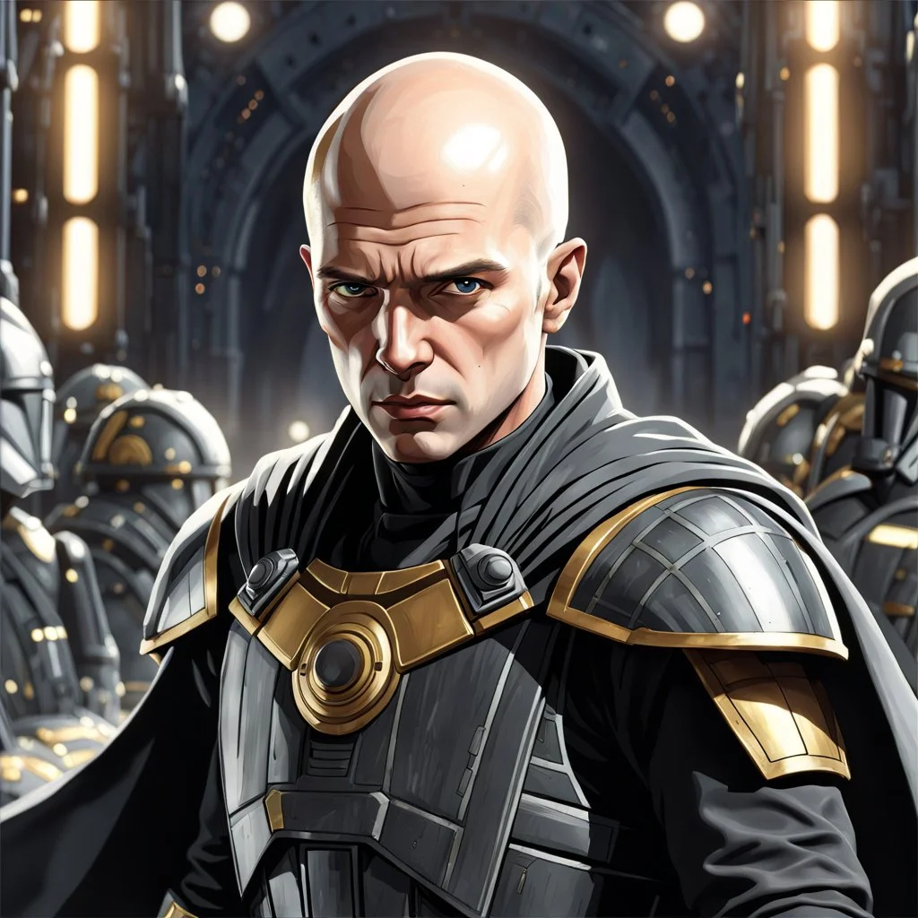 star wars bald male corellian jedi pilot wearing black and gunmetal grey old republic armored robes with gold trim, alone, battle-ready Jedi Master defending a ruined ancient city surrounded by golden light, centered head and shoulders portrait, hyperdetailed, dynamic lighting, hyperdetailed background, 8k resolution, volumetric lighting, light skin, fully symmetric details