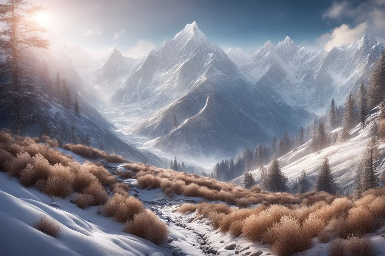 A valley through Himalayan winter mountains. a mountain higher than Everest at the end of the valley. fantasy concept art, exquisite realism, a masterpiece, dynamic lighting, hyper detailed, intricately detailed, deep color, Unreal Engine, volumetric lighting , Epic cinematic brilliant stunning intricate meticulously detailed dramatic atmospheric maximal,