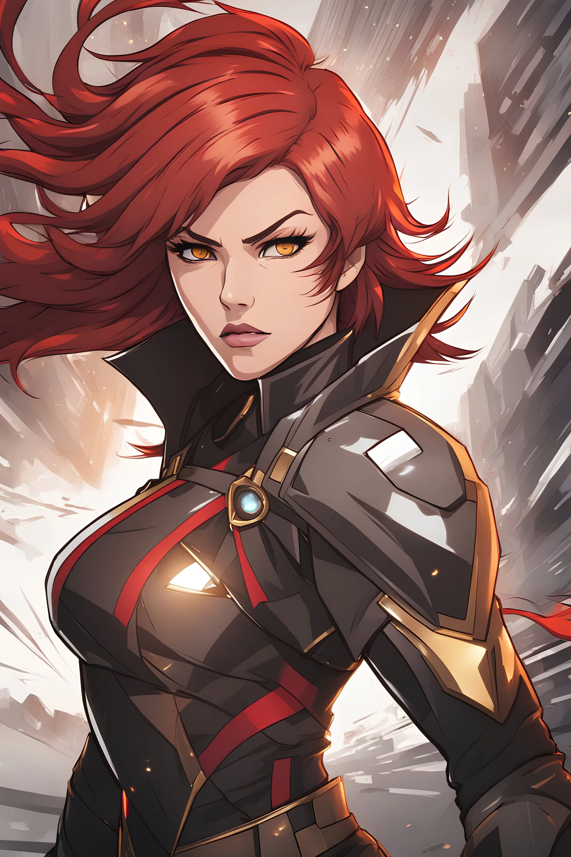 Woman in mid-thirties brown and gold hair, vivid red eyes, wearing futuristic warrior attire, angry, urban background, RWBY animation style