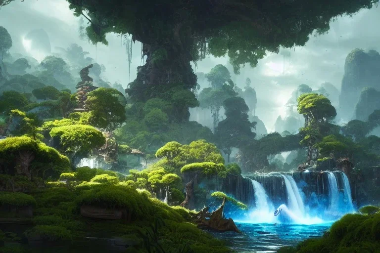 Art by Dylan cole and Eddie mendoza, Avatar concept art, pandora, hovering island with waterfall, landscape, ultra-wide angle, ultra realistic, 8 k uhd, art station, volumetric lighting, beautiful, sharp focus, ultra detailed, concept art, studio quality