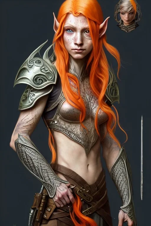 painting of an elven young woman with short light orange hair and freckles and tree tattoos on his cheekbones light armor, full body, ultra realistic, concept art, intricate details, eerie, highly detailed, photorealistic, octane render, 8 k, unreal engine. art by artgerm and greg rutkowski and charlie bowater and magali villeneuve and alphonse mucha