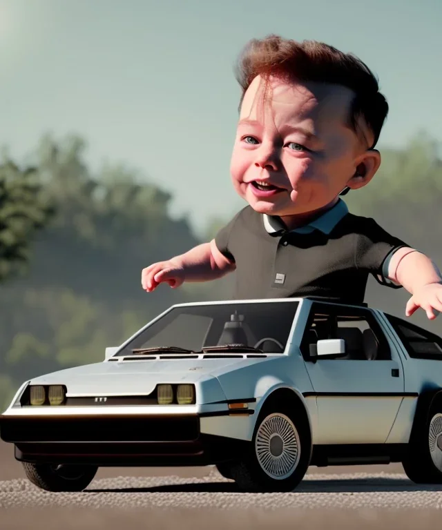 elon musk toddler, full body, delorean, dramatic lighting, hyper realistic