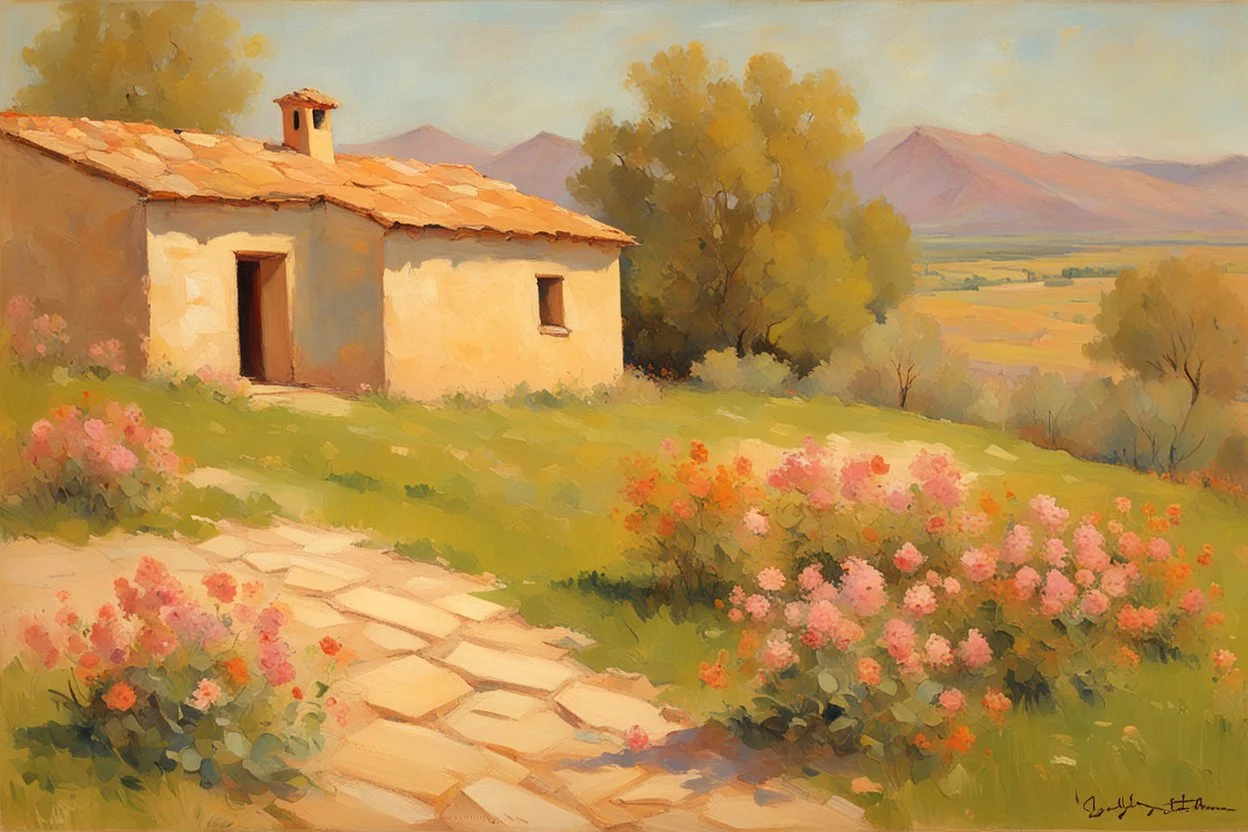 Sunny day, mountains, distant adobe house, flowers, spring trees, stone wall, spring, ludwig dettman and friedrich eckenfelder impressionism paintings