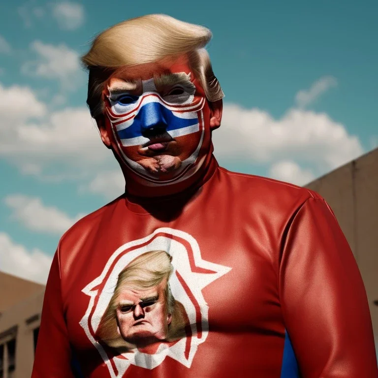 realistic image of donald trump as a mexican wrestling fighter posing outdoors, Mexican eyes wrestling mask, red and blue breeches, suspenders, retro style, 80s, vibrant color, highly detailed, sky background, concept art, unreal engine 5, god rays, ray tracing, RTX, lumen lighting, ultra detail, volumetric lighting, 3d, finely drawn, high definition, high resolution.