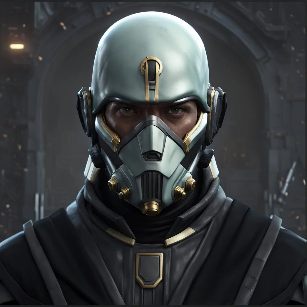 star wars bald male corellian pilot wearing pearlescent black and gunmetal grey First Order special forces heavy assault stealth commando armor and helmet with gold trim inside the jedi temple, hyperdetailed, dynamic lighting, hyperdetailed background, 8k resolution, volumetric lighting, light skin, fully symmetric details