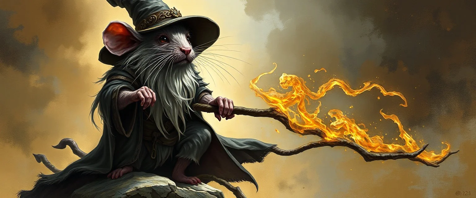 rat gandalf looks really powerful, fantasy illustration