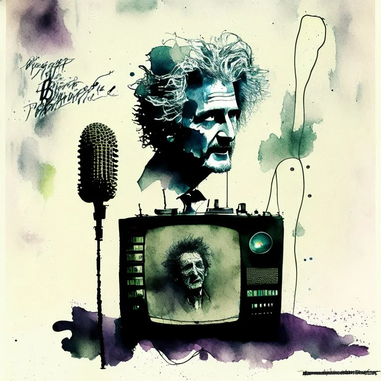 Profound watercolor and pen, movie poster aesthetic, double exposure spooky old wild bushy-haired zombie radio broadcaster looks like David Lynch speaking into an old-time radio microphone, photo layer sinister transistor radio set to 87.9 broadcasting ethereal abominations, Dramatic, creepy, oddball masterpiece, sfumato, complex contrast, dynamic composition, grand design