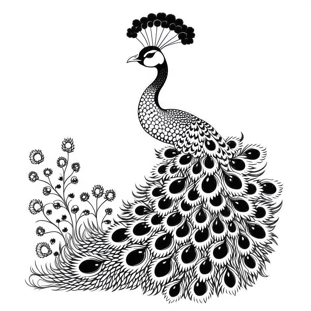 white, A peacock in a regal pose, focusing on its majestic feathers., coloring book, vector, white background, outline, with images neatly contained within the background, just black and white color, full body, no color.