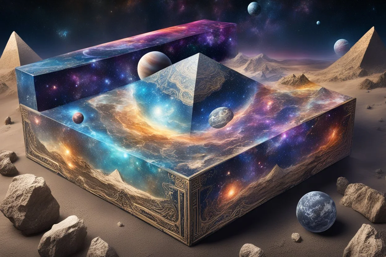 hyperrealistic, 4k, box for storing things with beautiful drawings a lot of colours, very detailed, angels, minerals, planets space, galaxies, pyramids on a planet