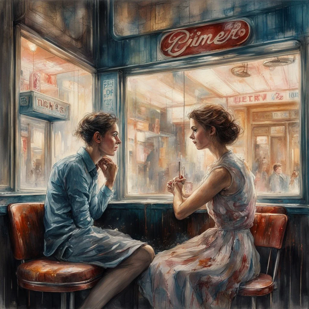 long profile shot of Young man and young woman woman sitting opposite in a vintage diner booth in a 1950s diner beside a large window in a nighttime small city, textured Speed paint with large rough brush strokes, watercolor, paint splatter, by Carne Griffiths, by Dino Valls, masterpiece, particles, fine art, quaint, nostalgic, romantic