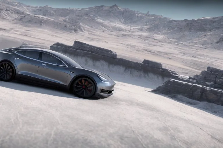A Tesla 'Model S' is racing at top speed, on the planet 'Hoth'. CINEMATIC. WIDE ANGLE LENS. PHOTO REAL.