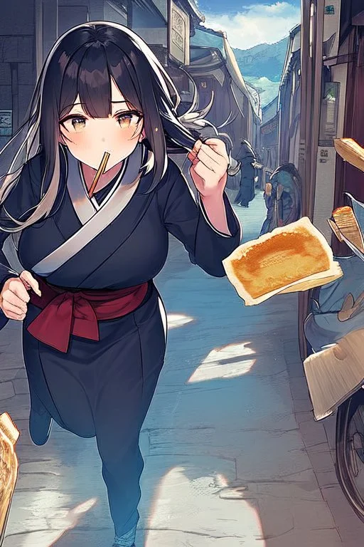 cute japanese school girl running with a slice of toast in her mouth