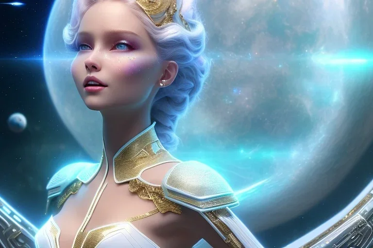  beautiful cosmic woman, nice smiling, magic glamour make up, delicate colors, beautiful glamour galactique dress, ultra sharp focus, 8k, unreal engine 5, extremely sharp detail, light effect, soft light atmosphere of a spaceship, smooth, full of details, face in front, complete vision of face and hair and body