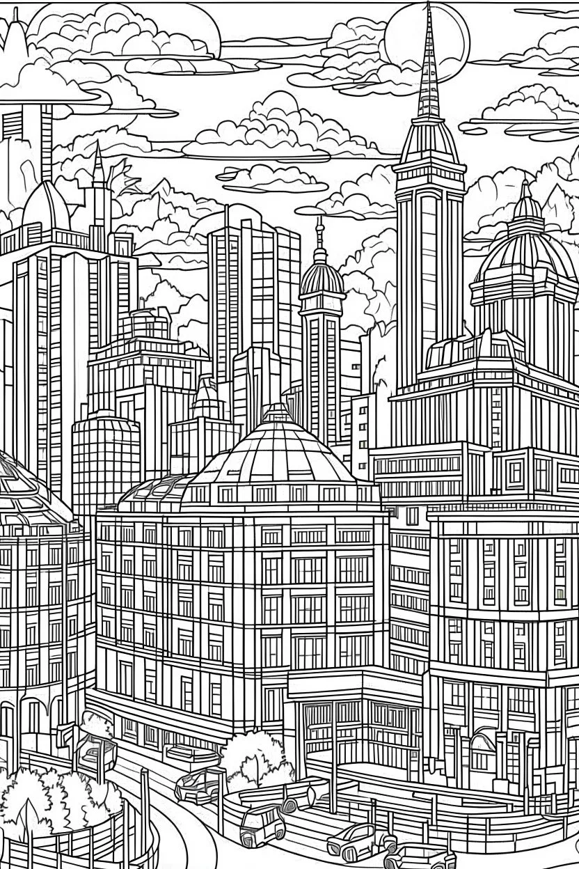 various architectural landmarks and cityscapes, coloring book page, simple and clean line art, adult drawing book, black and white, crisp black lines, no shades, sharp lines, coloring book for adults, cartoon style, landscape