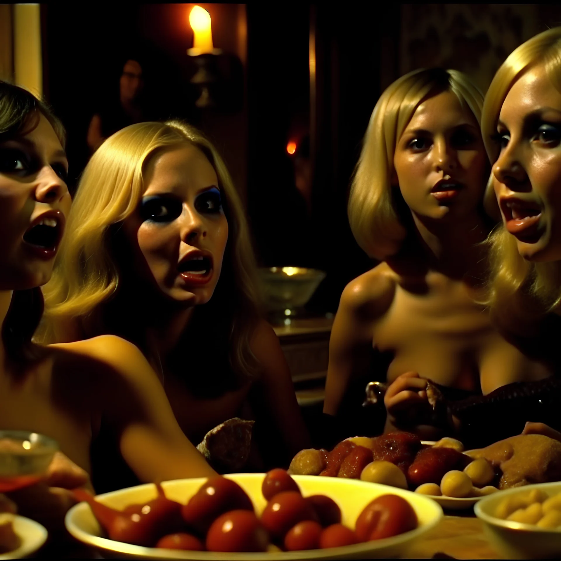 Horror movie shot, hot, ultra realistic, dine, horns, ultra chaos, realistic hot blonde women, party, pieces of meat, organs, hot dynamic, very excited people, hypermaximalist figures, light, 1970's Italian horror movie, sinister,, Dario Argento, Stanley Kubrik, ornate, 4k, photorealism