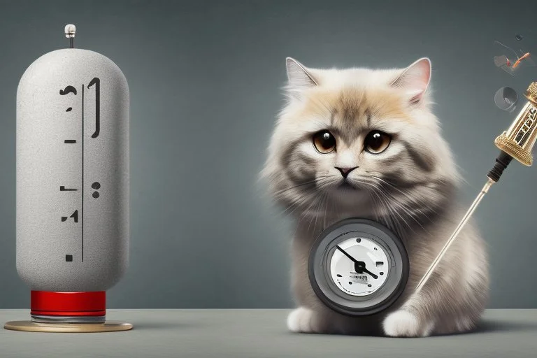 cute fluffy chibi beige cat with a giant thermometer in a modern room in sunshine