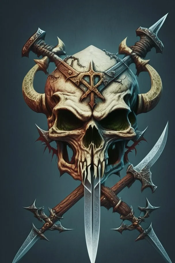 A goblin skull with 2 crossed swords behind it