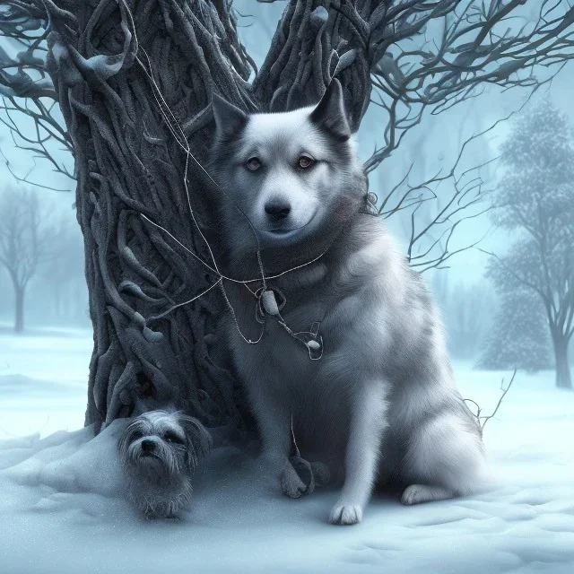 close up of sad, abandoned, miserable dog chained to a tree, family home in background, winter, black-cloaked figure near dog, loneliness, 8k resolution, high-quality, fine-detail, iridescent, intricate, digital art, detailed matte, volumetric lighting, illustration, 3D octane render, brian froud, howard lyon, selina french, anna dittmann, annie stokes, lisa parker, greg rutowski