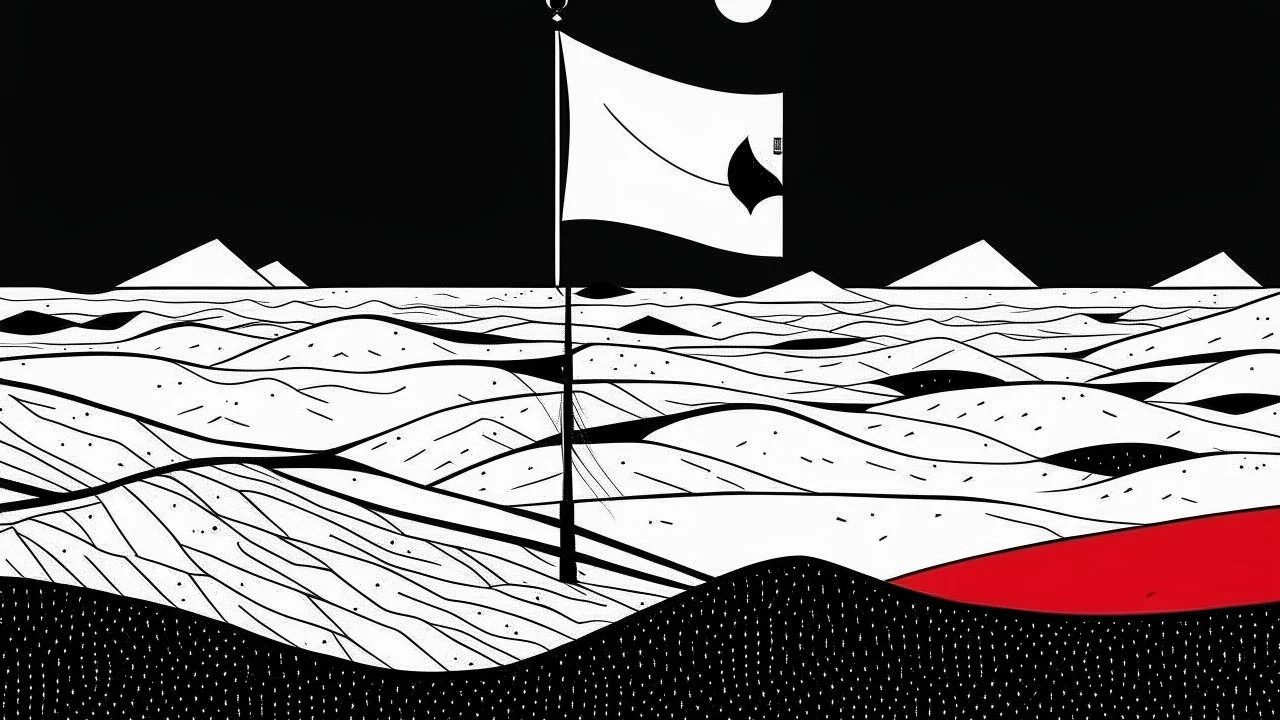 A illustration by Malevich of a black and white desert landscape with a minimalist red pirate flag.