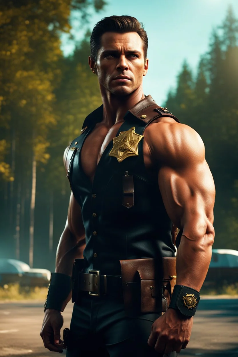 Handsome muscular sheriff standing by the roadside, trees in the background. photorealistic. 4k. urban fantasy