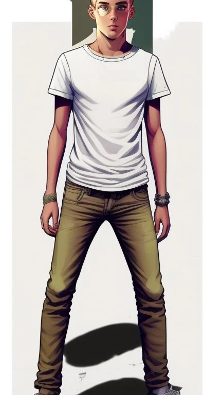 Teen man, blond hair, perfect face, style of tomer hanuka, jeans, white, t-shirt, pompadour