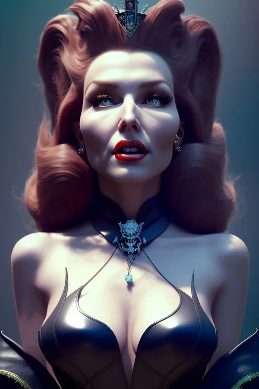 Rita Hayworth as evil queen in black leather, leather, busty, cleavage, angry, stern look. character design by cory loftis, fenghua zhong, ryohei hase, ismail inceoglu and ruan jia. unreal engine 5, artistic lighting, highly detailed, photorealistic, fantasy