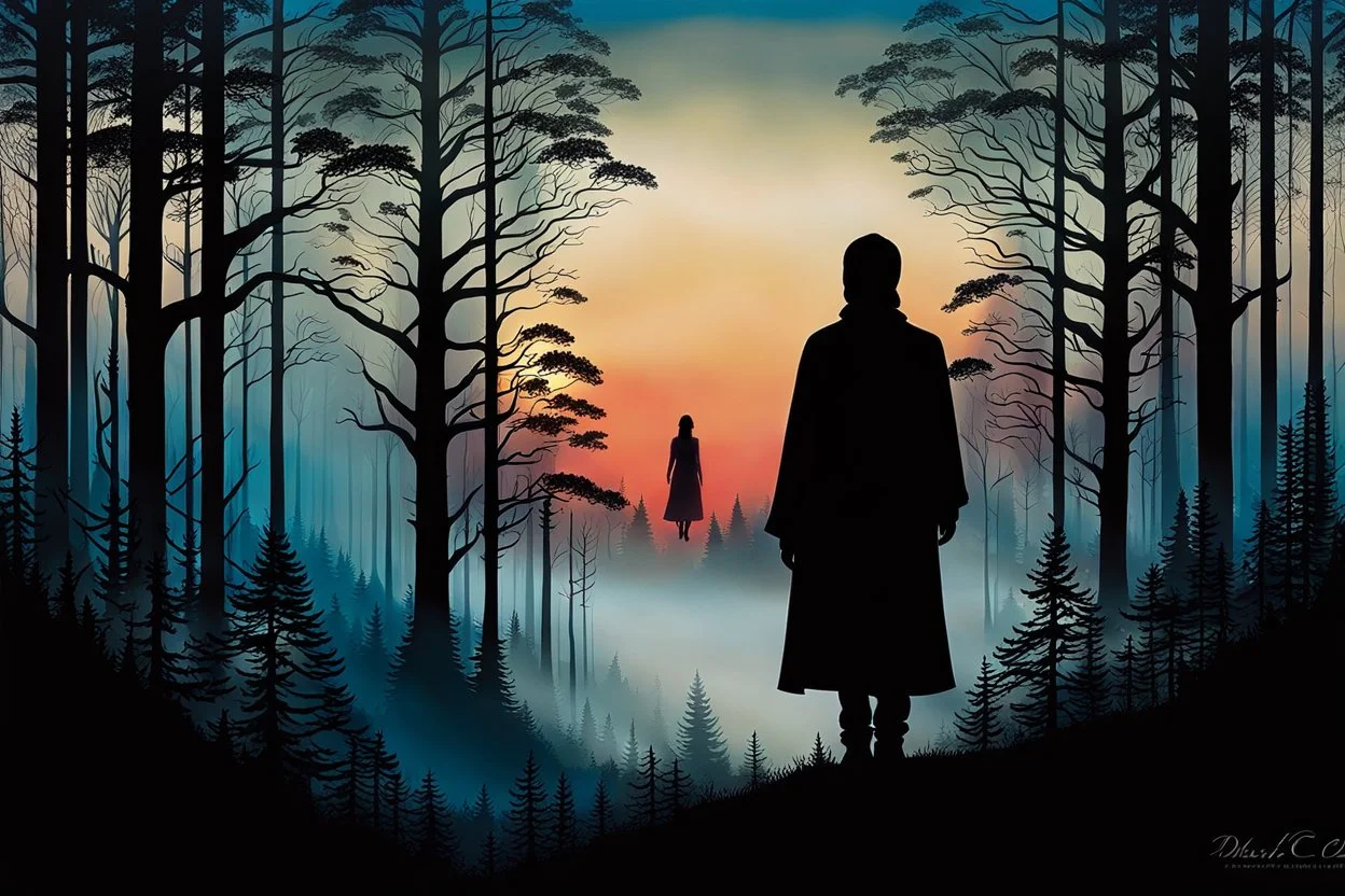 a backdrop of dusk a solitary figure silhouette of a person, is depicted, moving away from the viewer into a dense forest in a misty landscape, hinting at the need for secrecy and seclusion. The colors could be muted, evoking a sense of mystery and suspense. deep colors, harmonic stunning colors transition, black ink, mystic, surreal style, detalied, high textures, alone mood