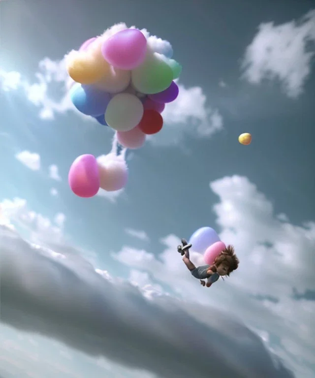 Ultra realistic clouds sky scene, wide angle, medium shot view, portrait, sweet Child, free jumping flying, trinkets, hair monster, jelly beans, balls, smile, happy, Peter Pan style, inflatable color clothing, extreme, wind, clouds sea, 20,000 feet altitude, stratosphere, soft color, highly detailed, unreal engine 5, ray tracing, RTX, lumen lighting, ultra detail, volumetric lighting, 3d, finely drawn, high definition, high resolution.