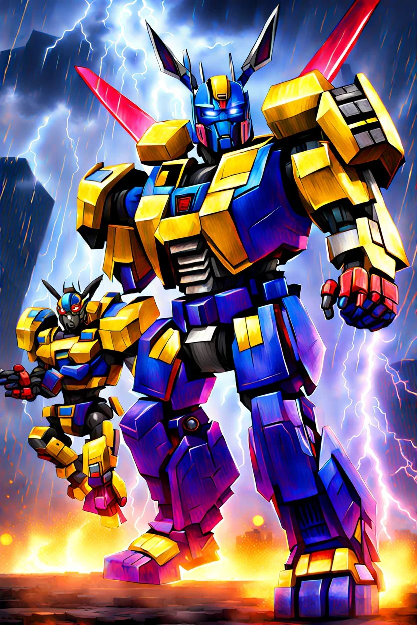 Optimus prime Donkey samarai warrior and bumblebee mech donkey ninja warrior with thunderstorms in the background and fireballs falling from sky