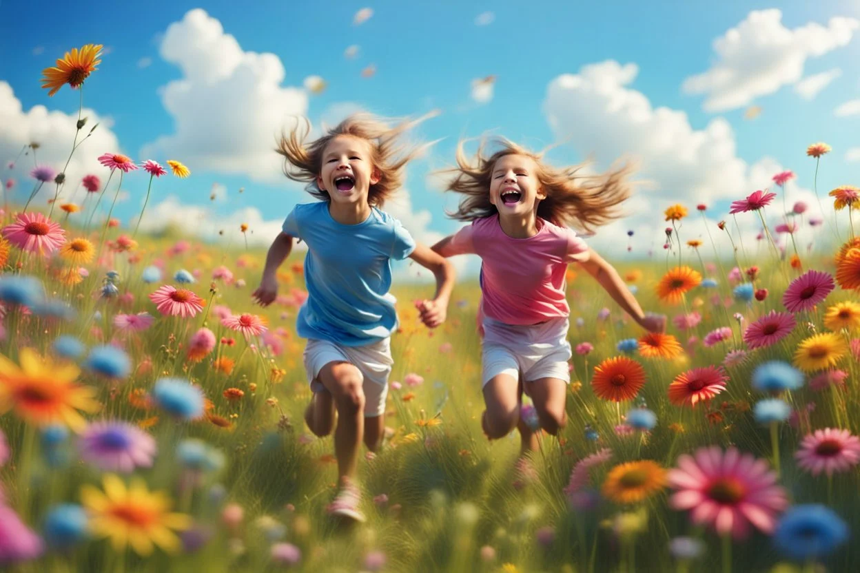 children run and laugh in the summer meadow, surrounding colors flowers, meadow, Happy and harmony vibe, blu sky and the little wind. high detailed, sharp focuses, photorealistic, cinematic