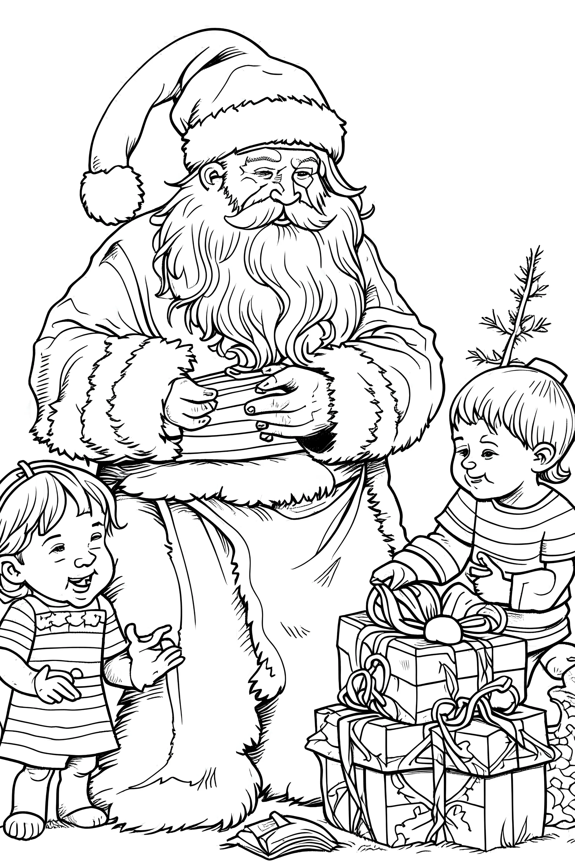 Christmas coloring page with Santa Claus giving children special gifts, a bold ink line sketch drawing illustration.