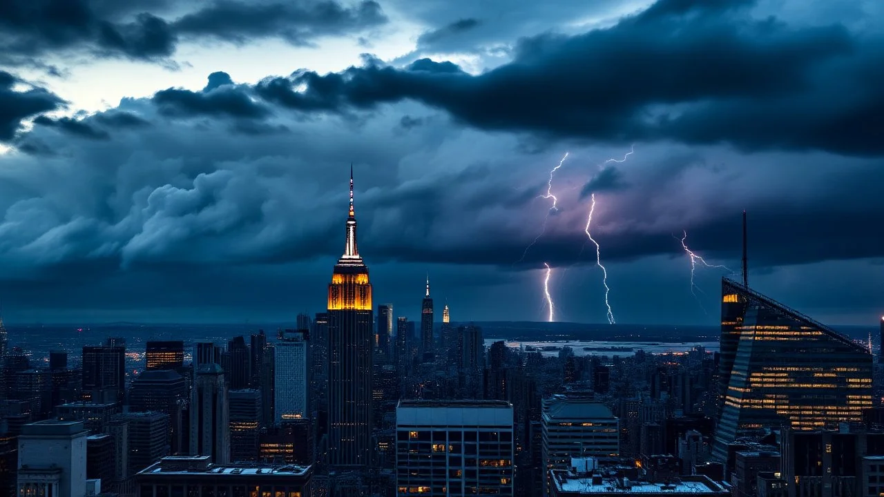 An atmospheric cityscape at dusk, showcasing a dramatic skyline of New York City. The scene features towering skyscrapers illuminated against a backdrop of dark, stormy clouds with flashes of lightning. The Empire State Building and other iconic buildings are highlighted, while a hint of snow dusts the rooftops. The city is alive with glowing lights, reflecting the juxtaposition of nature's power and urban resilience.