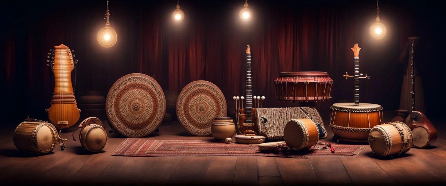 Hyper Realistic Set of Indian Musical Instruments like Tabla, Sitar, Sarangi, Harmonium, Flute & Dholl on an Indian traditional dark stage with stage lights & rustic background