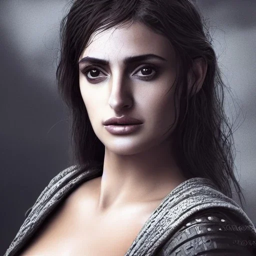 best quality, realistic lighting, masterpiece portrait of Penélope Cruz, details, light dusting of freckles, cowboy shot from above, simple chain hauberk, warhammerVector art matte painting digital illustration 3D shading CryEngine Behance HD 3Delight