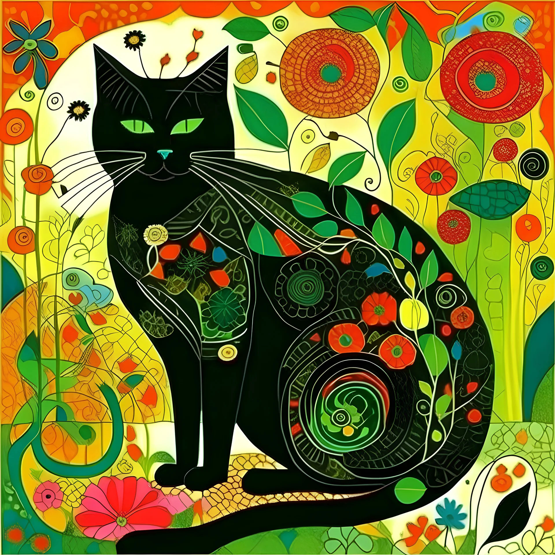 Klimt Style, Black Cat In A Garden style Art Print