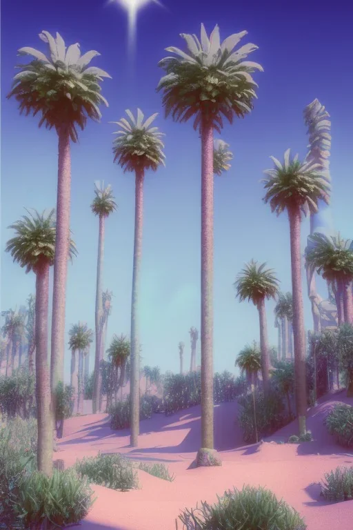 1980's aesthetic vaporwave palm trees with lighting with shiny chrome in the desert sand