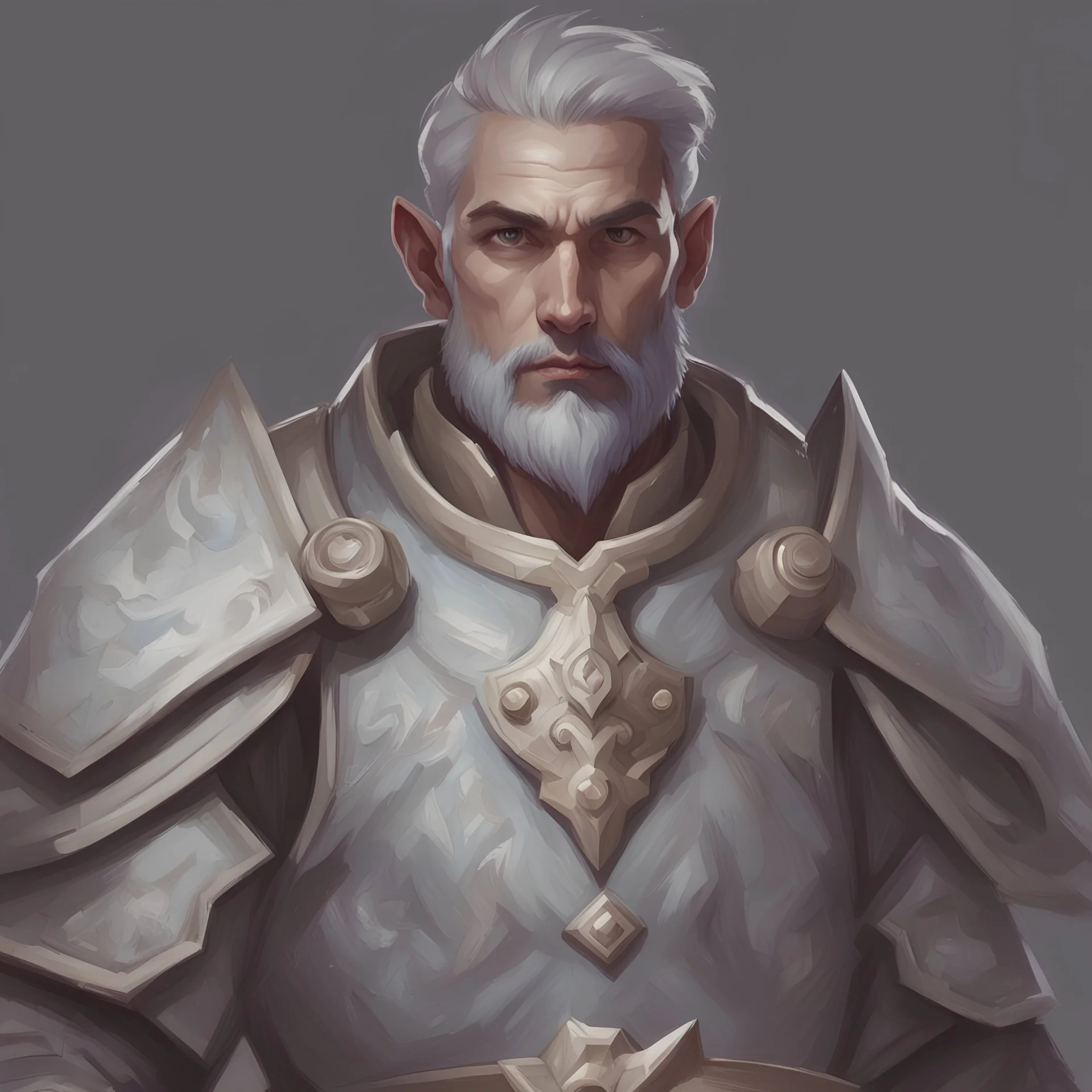 generate a portrait of a dnd 5e grey skinned earth genasi male in his 30s, that is tempist cleric