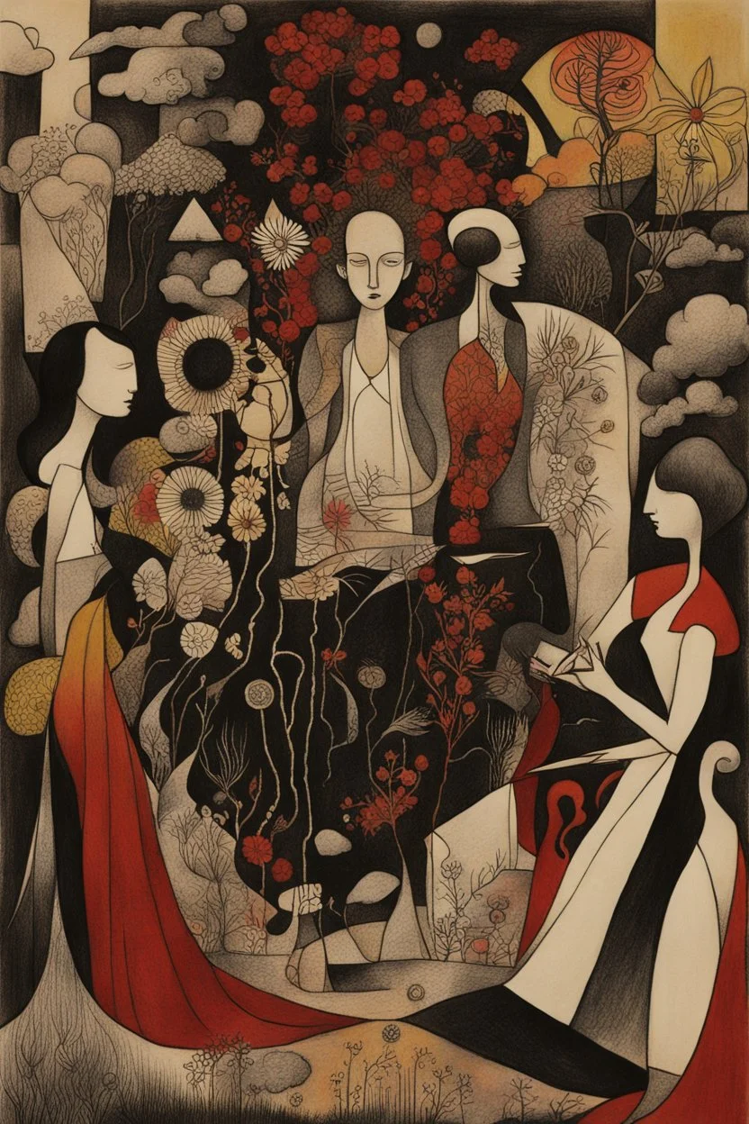 Schiță în creion de Jean Cocteau reprezentand o imagine pe tema natura statica cu oameni si flori , cu culori primare tari, fantezie de înaltă definiție calitate clară, stiluri de Utagawa Hiroshige, Paul Klee Dee Nickerson și Tim Burton, acuarelă topită și contururi de cerneală neagră pe hârtie umedă, linii moi, umbrite