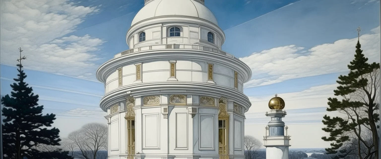 A white observatory with a telescope in the sky painted by Peter Carl Faberge