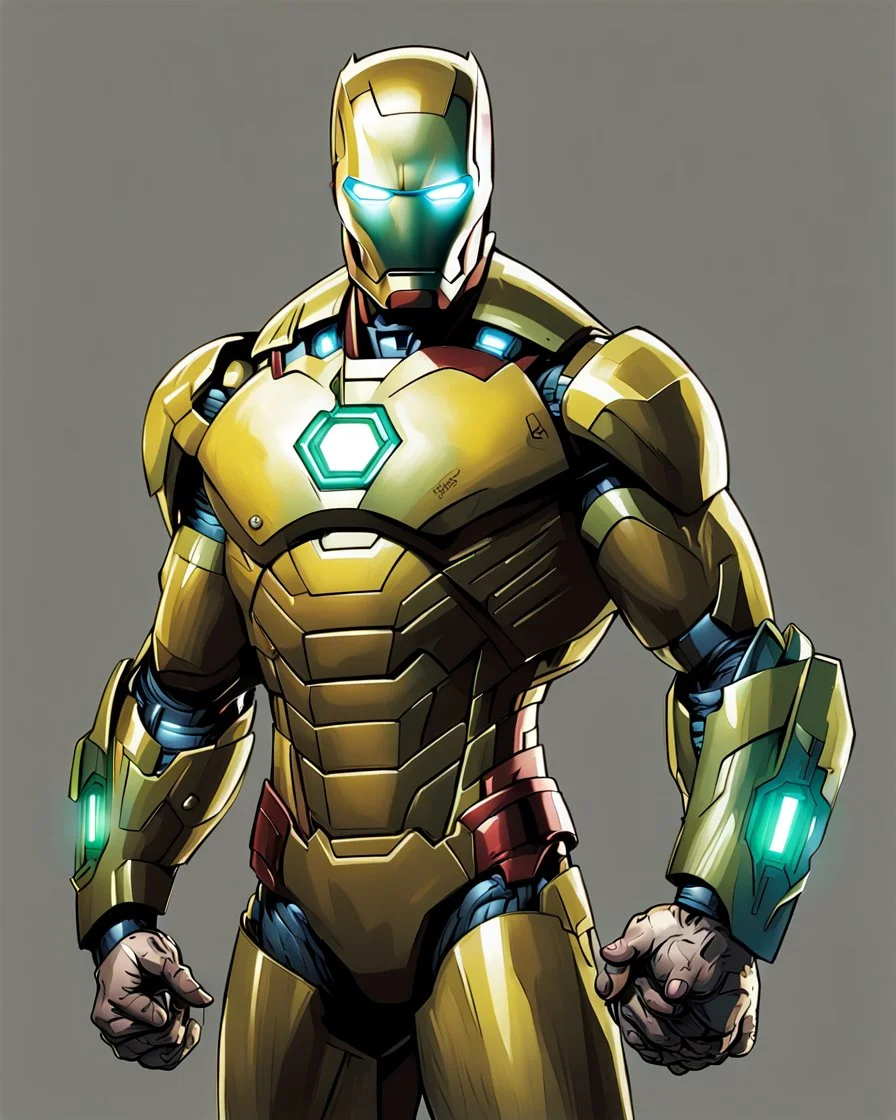 Super Iron Man, and yellow armor, kryptonite powered, built by wayne enterprises, batman,