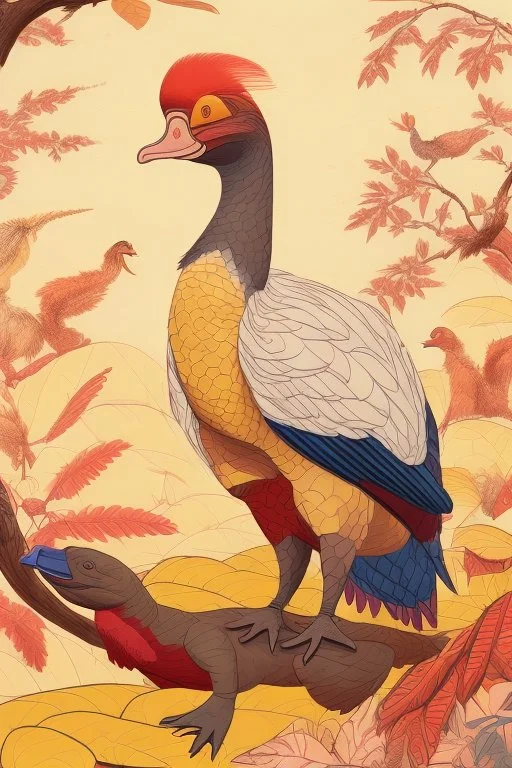 John James Audubon-like illustration of a fully uncropped Dodo bird and a Platypus in a landscape of warm yellows, warm reds, and warm blues