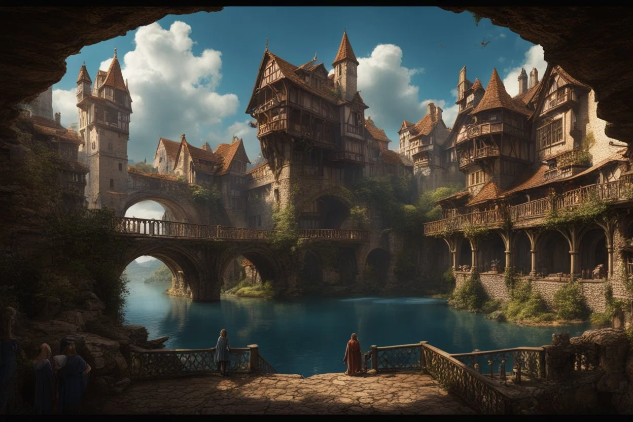 medieval buildings with balconies overhanging lake edge with blue sky and people, photorealism detailed matte painting, deep colour, fantastical, intricate detail, splash screen, concept art